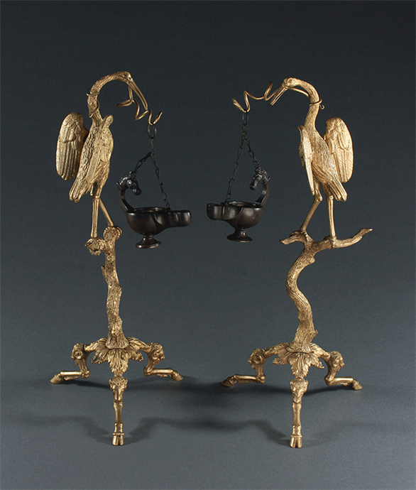 Picture of Neo-Pompeian Pair of Gilded Bronze Cranes with Oil Lamps