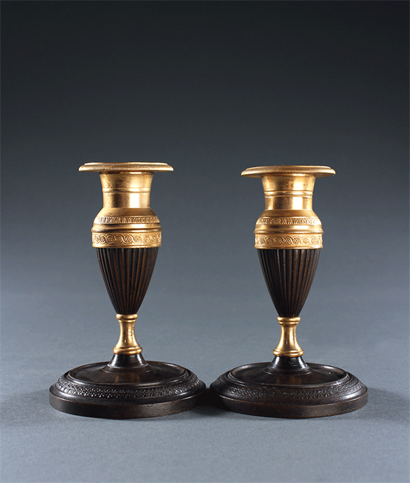 Picture of Small pair of French Empire Bronze and Ormolu Candlesticks