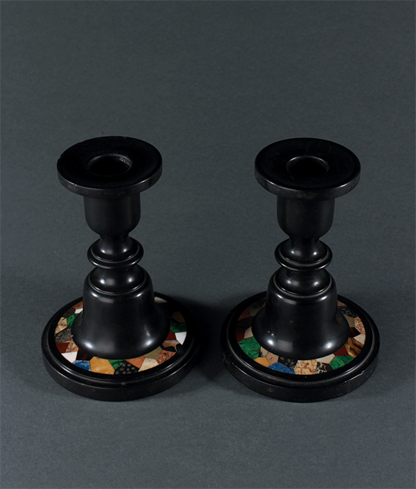 Picture of Pair of Pietra Dura Ashford Black Marble Candlesticks
