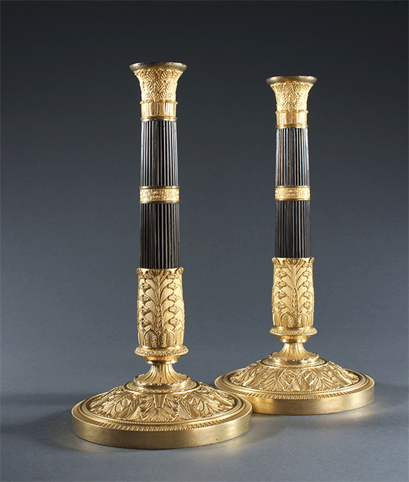 Picture of Pair of Patinated and Gilt Bronze Reeded Column Candlesticks