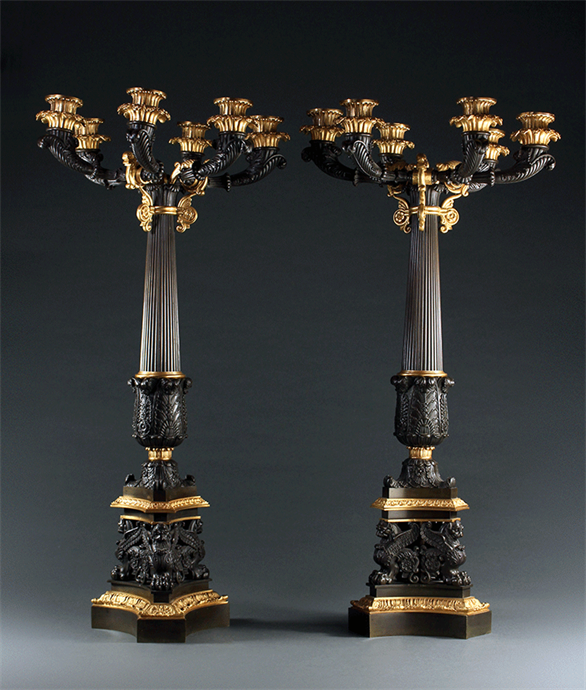 Picture of CA0984 Imposing Pair of Regency Six Branch Patinated and Gilt Bonze Candelabra