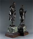Picture of CA0964 Pair of statues of Rousseau and Voltaire in patinated bronze on Verdi marble plinths