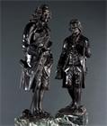 Picture of CA0964 Pair of statues of Rousseau and Voltaire in patinated bronze on Verdi marble plinths