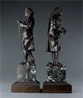 Picture of CA0964 Pair of statues of Rousseau and Voltaire in patinated bronze on Verdi marble plinths