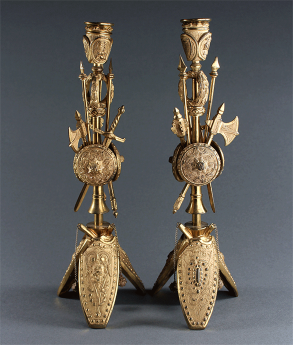 Picture of Unusual 19th Century Trophy of Arms Candlesticks