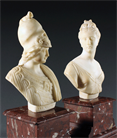 Picture of CA0668 Pair of Alabaster Classical Minerva and Artemis busts on Rouge Giotte marble pedestals