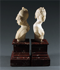 Picture of CA0668 Pair of Alabaster Classical Minerva and Artemis busts on Rouge Giotte marble pedestals