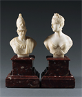 Picture of CA0668 Pair of Alabaster Classical Minerva and Artemis busts on Rouge Giotte marble pedestals