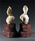 Picture of CA0668 Pair of Alabaster Classical Minerva and Artemis busts on Rouge Giotte marble pedestals