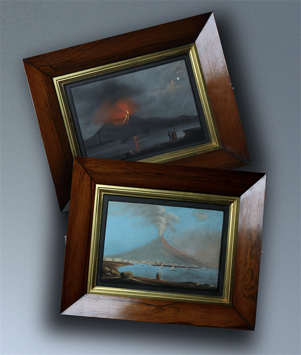 Picture of CA0540 Pair of Neapolitan watercolours of Vesuvius erupting by day and night