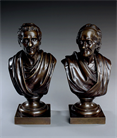 Picture of CA0550 Good size pair of bronze busts of Rousseau and Voltaire after Houdon