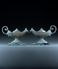 Picture of CA0489 Decorative pair of verdigris bronze neo-classical lamps marbre vert bases