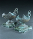 Picture of CA0489 Decorative pair of verdigris bronze neo-classical lamps marbre vert bases
